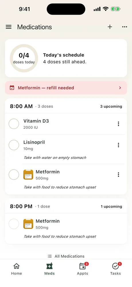Kinfolk medications screen on iPhone